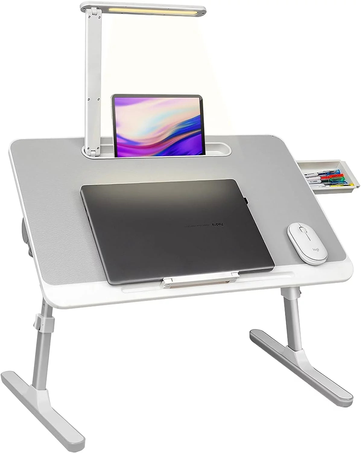 White Adjustable Laptop Table with LED Lights and Drawer Y4267