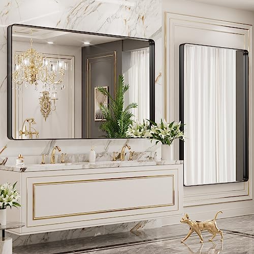 Black Metal Framed 22X30 Inch Rounded Rectangle Bathroom Mirror Y67208