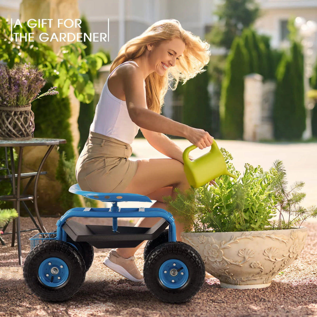 Blue Heavy Duty Rolling Garden Tool Cart with Seat and Storage I2972