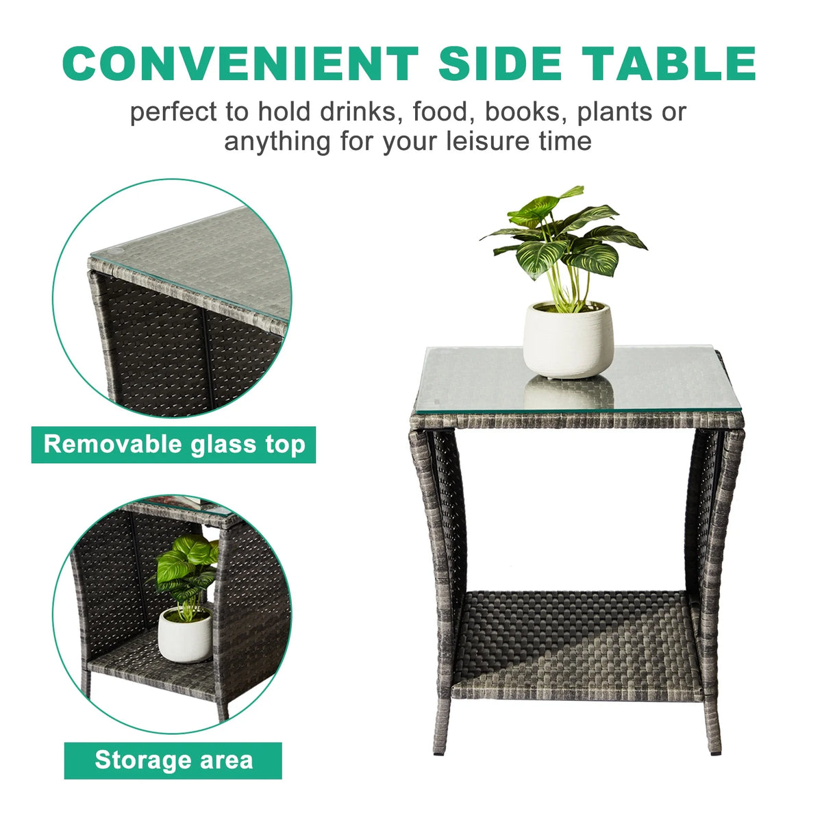 17.9'' PE Rattan Wicker Side Table with Glass Top Storage Shelf I98973