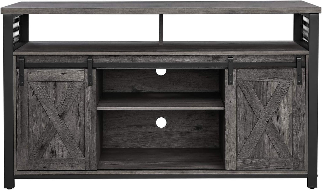Rustic Brown and Black TV Cabinet with Sliding Barn Doors and Adjustable Storage Shelves E30312