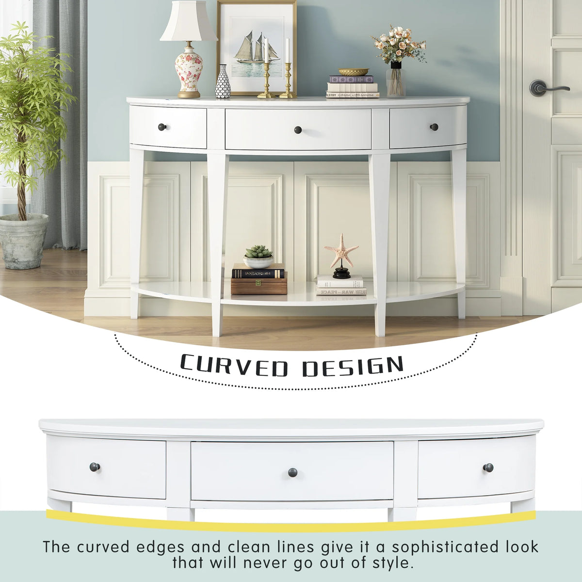 White Curved Console Table with 3 Drawers and Bottom Shelf S44717