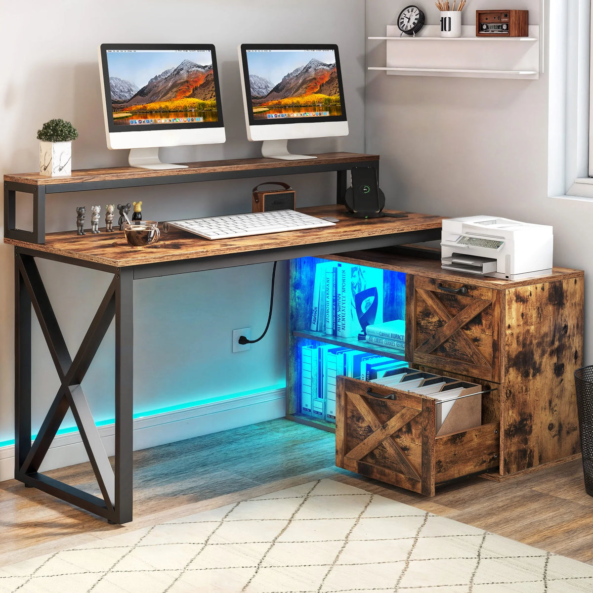 55" L Shaped Desk with Power Outlets and Monitor Stand U4792