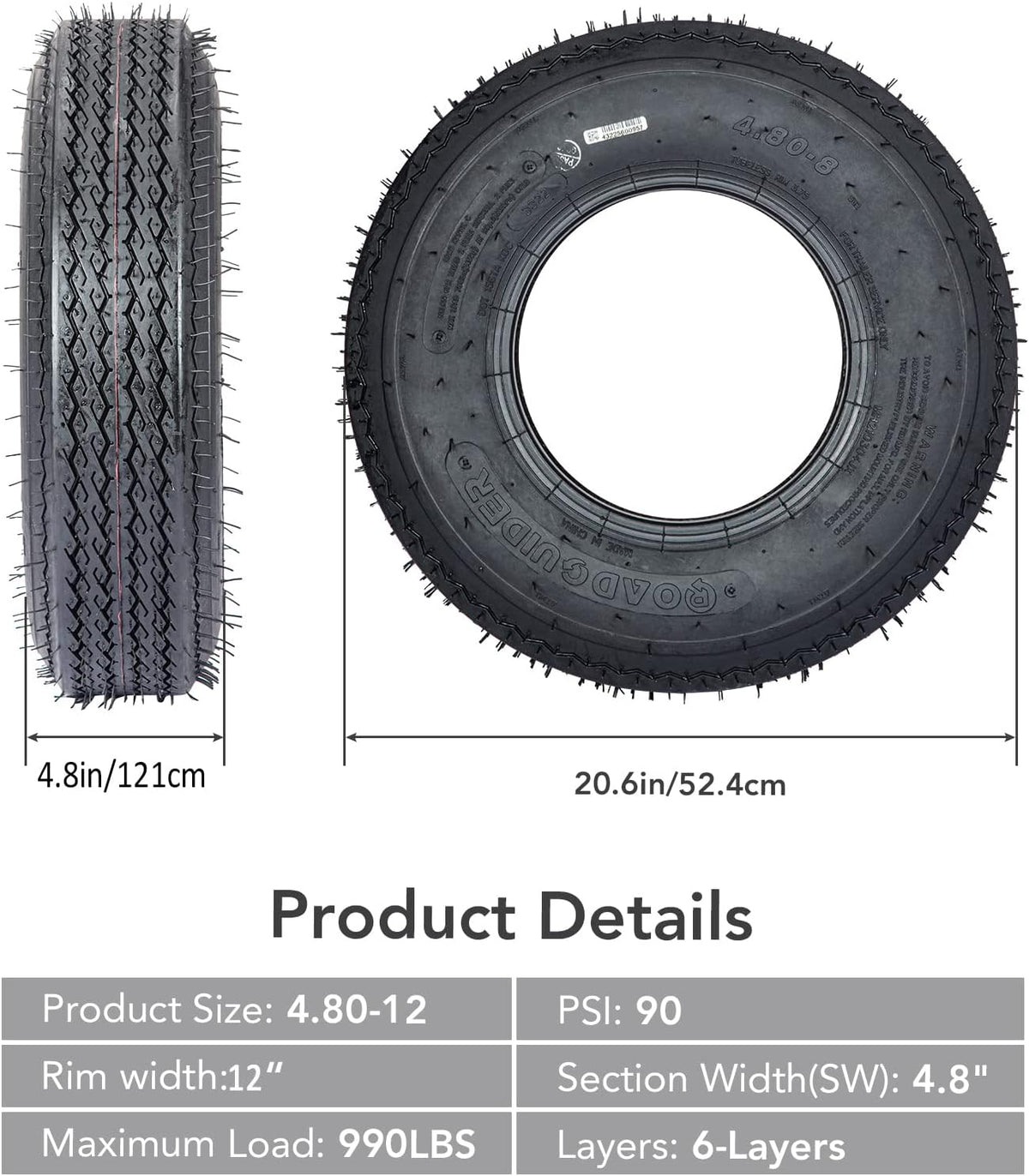 4.80-12 Trailer Tires, Load Range C, 6PR P39896