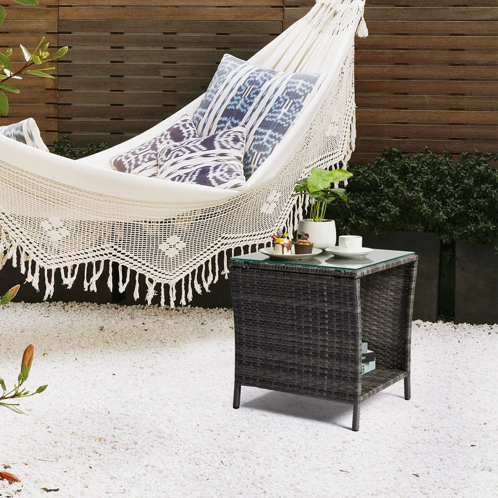 17.9'' PE Rattan Wicker Side Table with Glass Top Storage Shelf I98973
