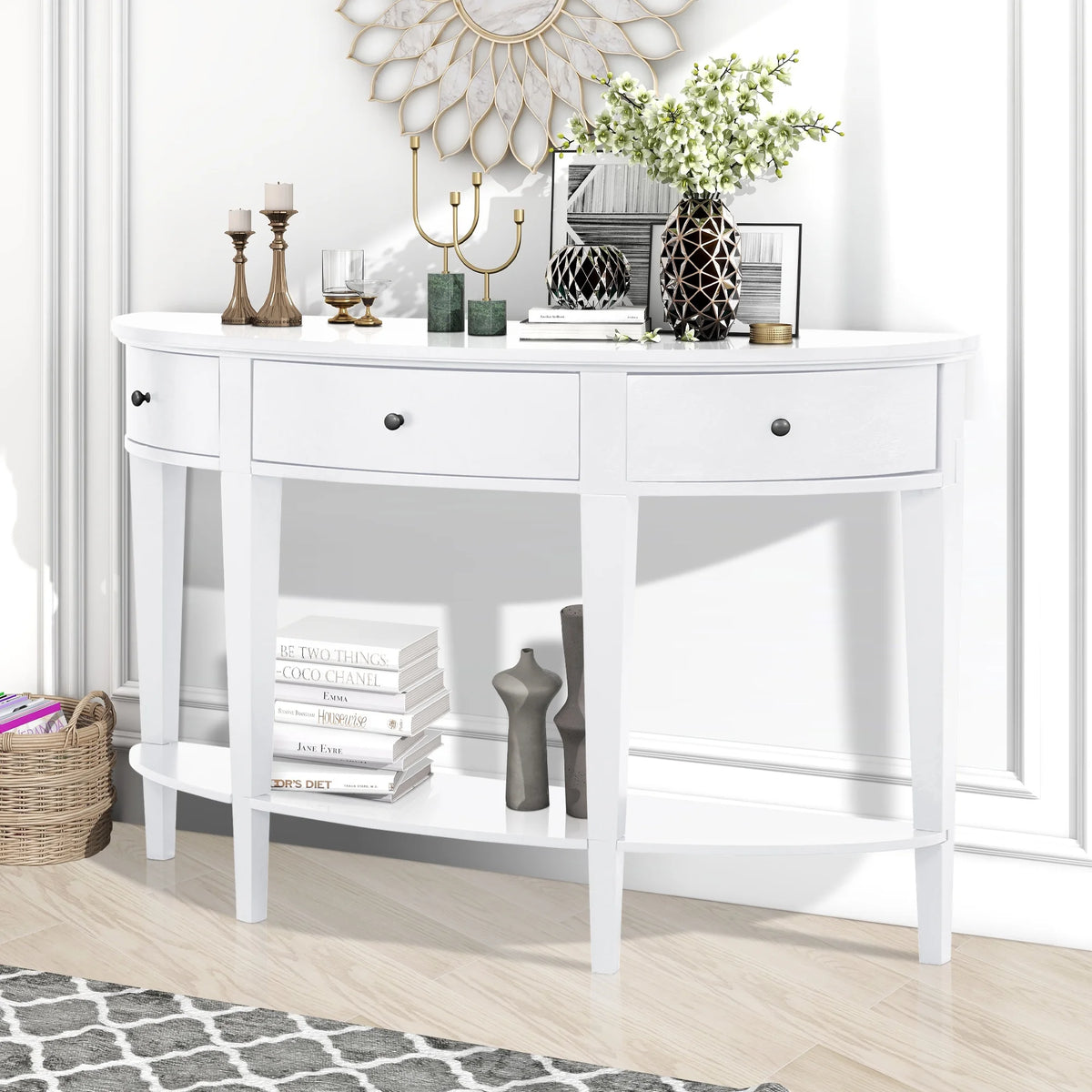 White Curved Console Table with 3 Drawers and Bottom Shelf S44717