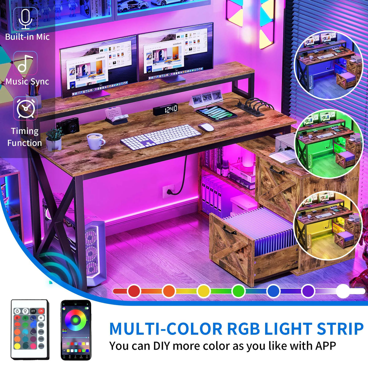 55" L Shaped Desk with Power Outlets and Monitor Stand U4792