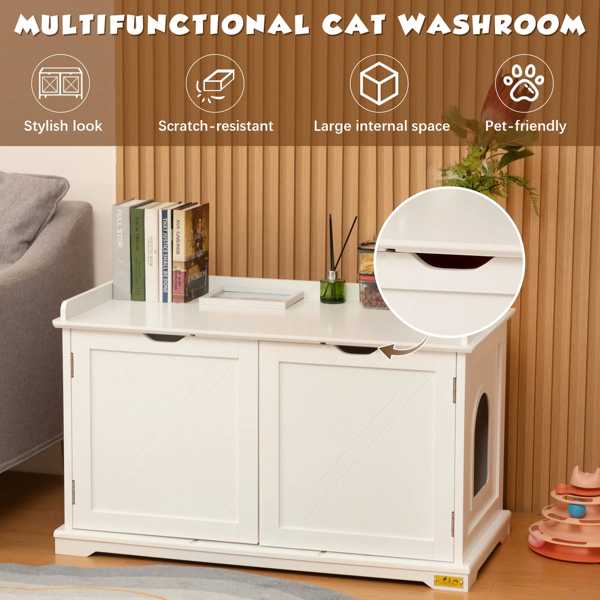 White Cat Litter Box Enclosure Storage Bench Furniture Q4135