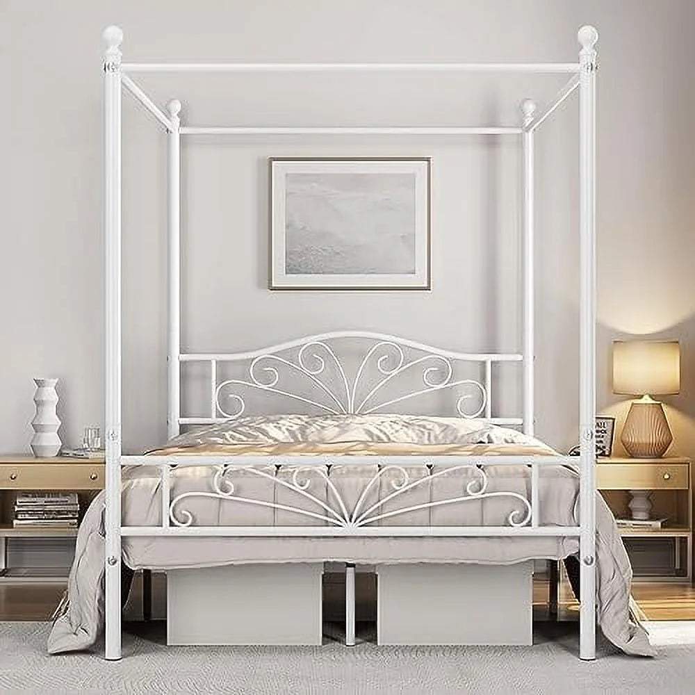 White Metal Canopy Platform Bed Frame with Arched Headboard W674056