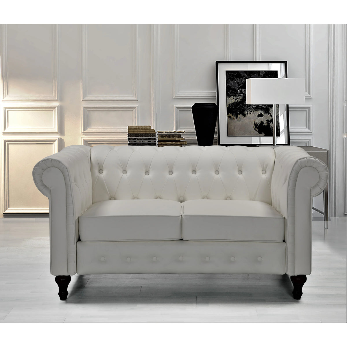 Cream White Velvet Upholstered Loveseat A95601
