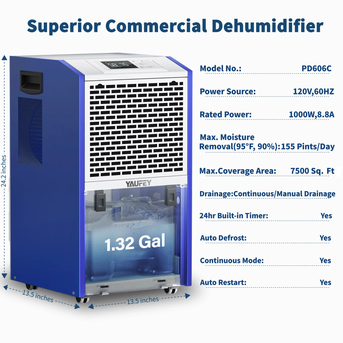 155 Pint Commercial Dehumidifier with Drain Hose U962