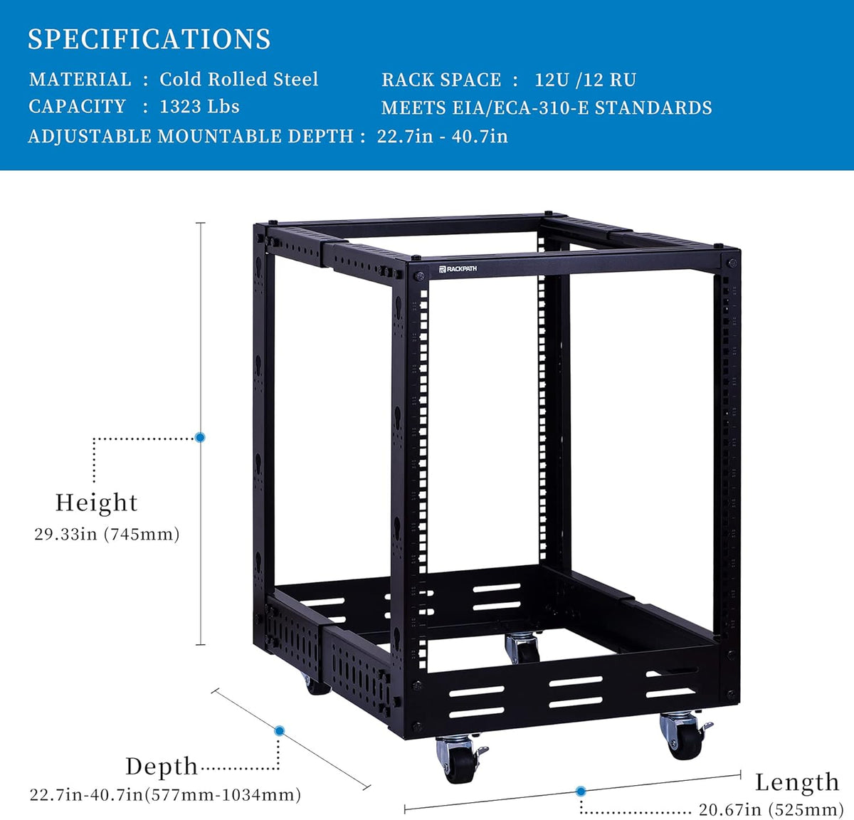 12U Open Frame Server Rack, Heavy Duty 4 Post Adjustable Depth with Casters T81848