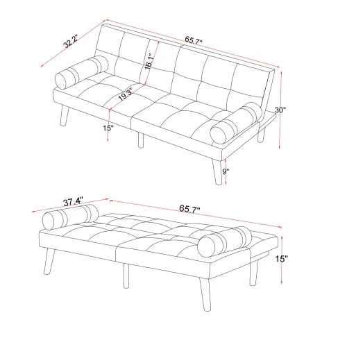 Grey Linen Convertible Sofa Bed Futon with Solid Wood Legs Y8118