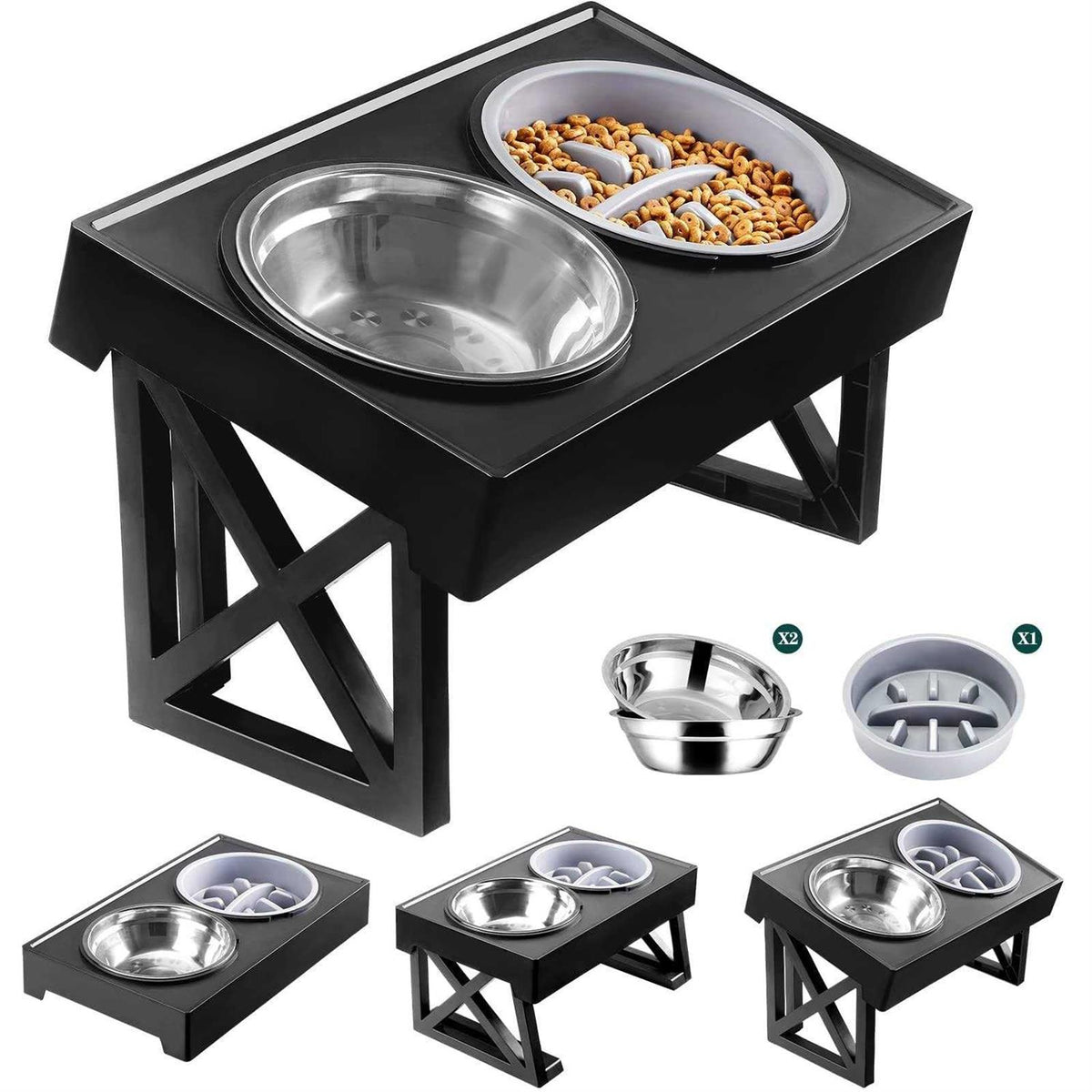 Adjustable Elevated Dog Bowl Stand with Slow Feeder Bowl E4975