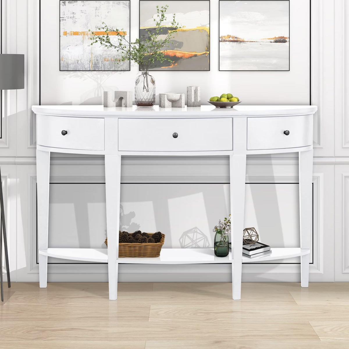 White Curved Console Table with 3 Drawers and Bottom Shelf S44717