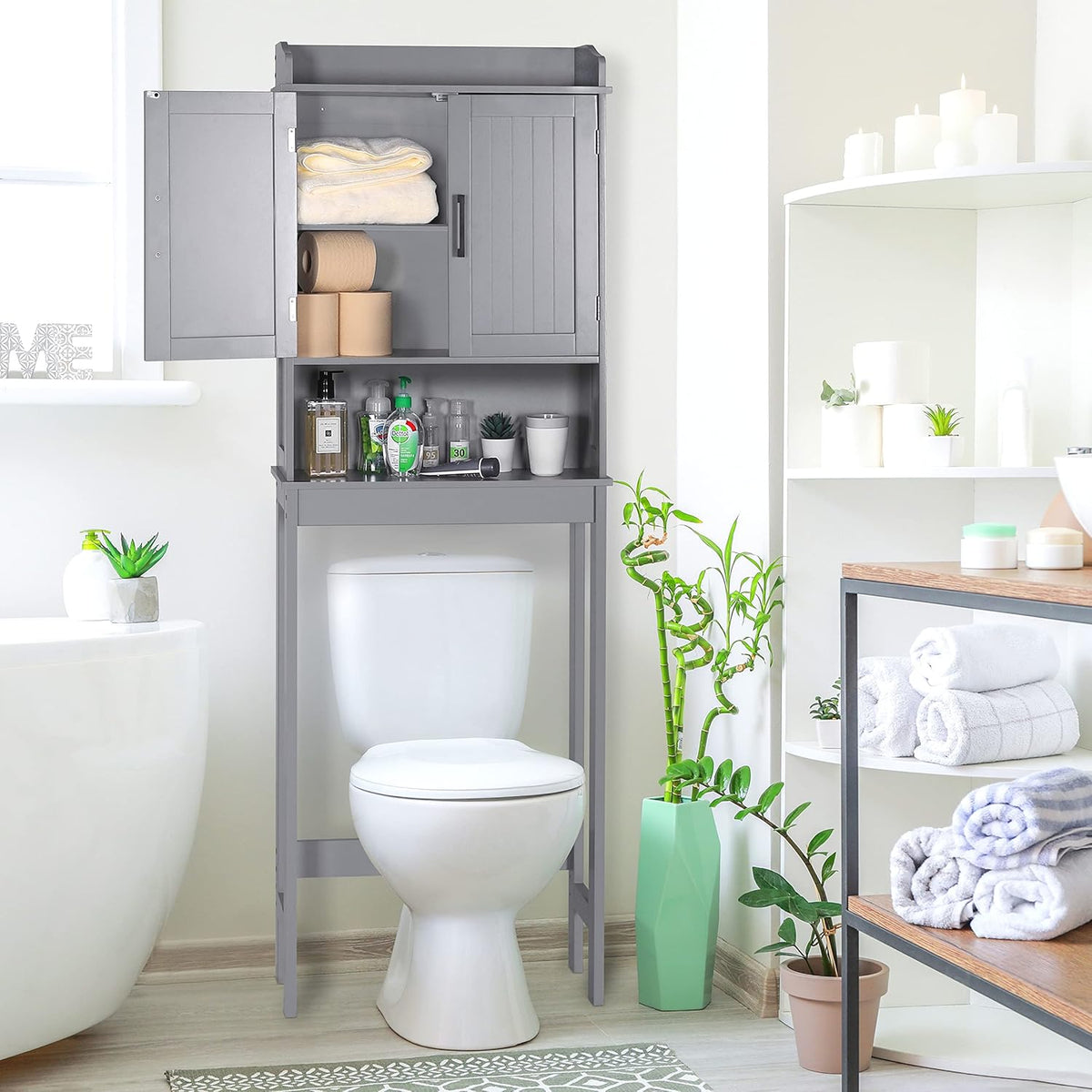 Grey Over The Toilet Storage Cabinet with Adjustable Shelf D39627