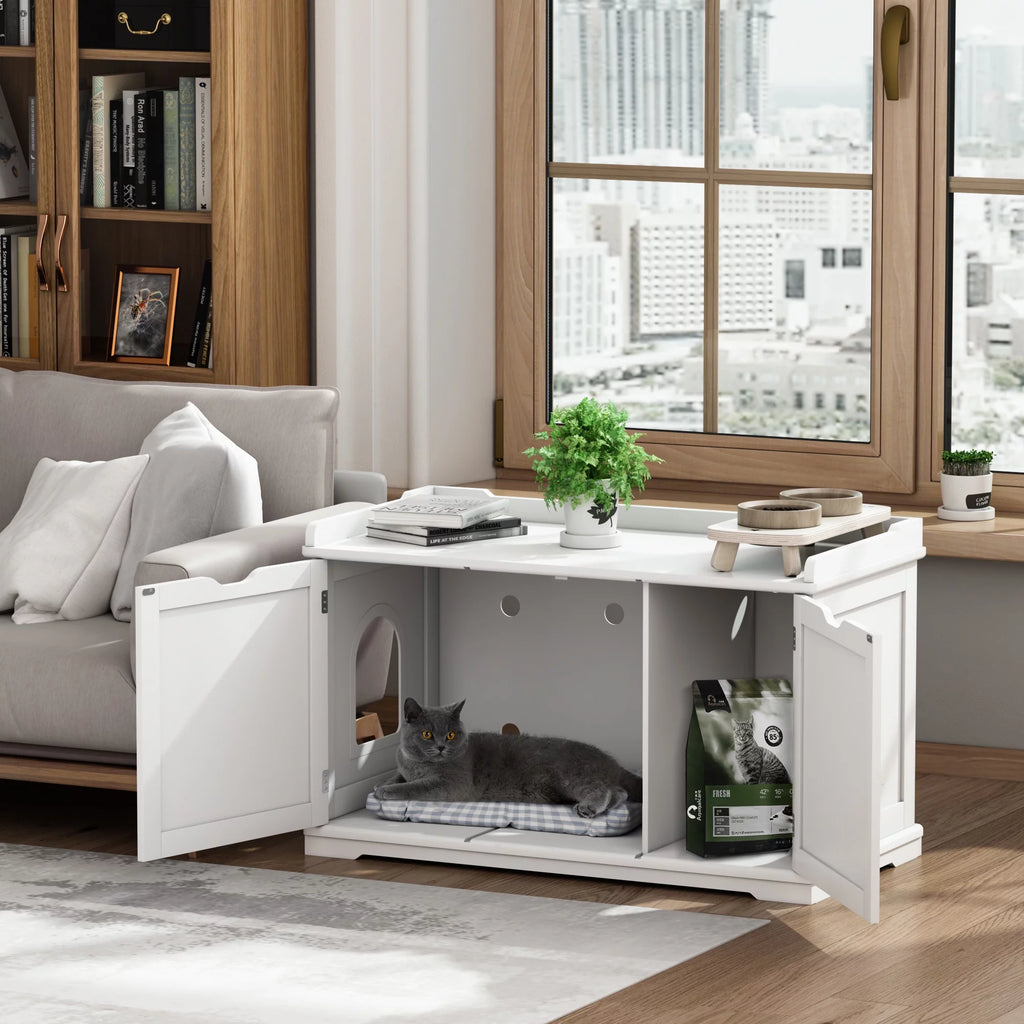 White Cat Litter Box Enclosure Storage Bench Furniture Q4135