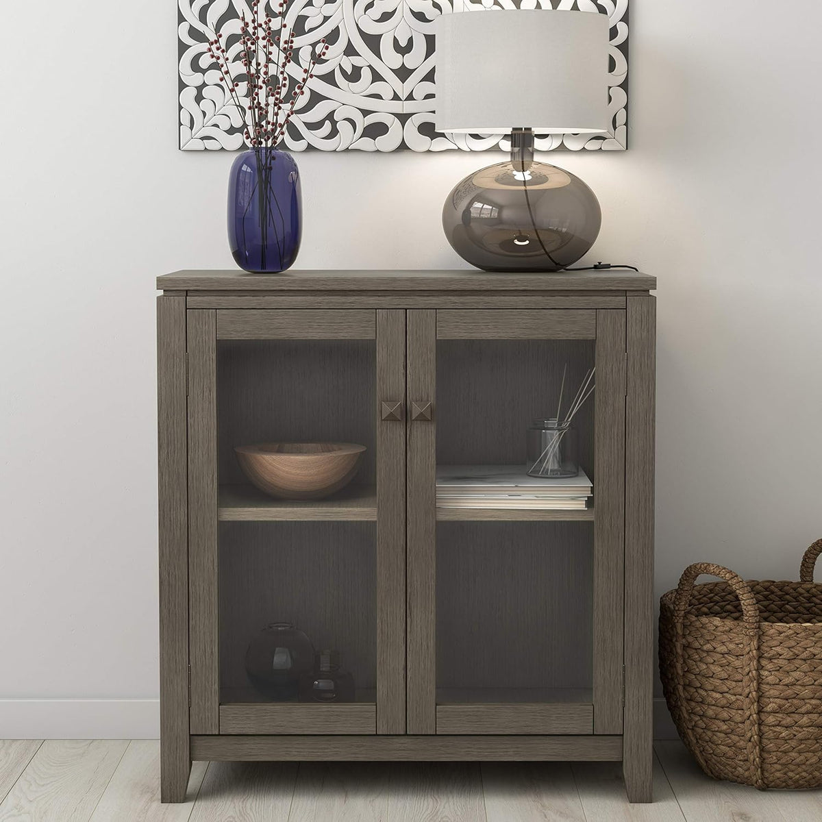 Farmhouse Grey 30 inch Wide Low Storage Cabinet with 2 Tempered Glass Doors G637640
