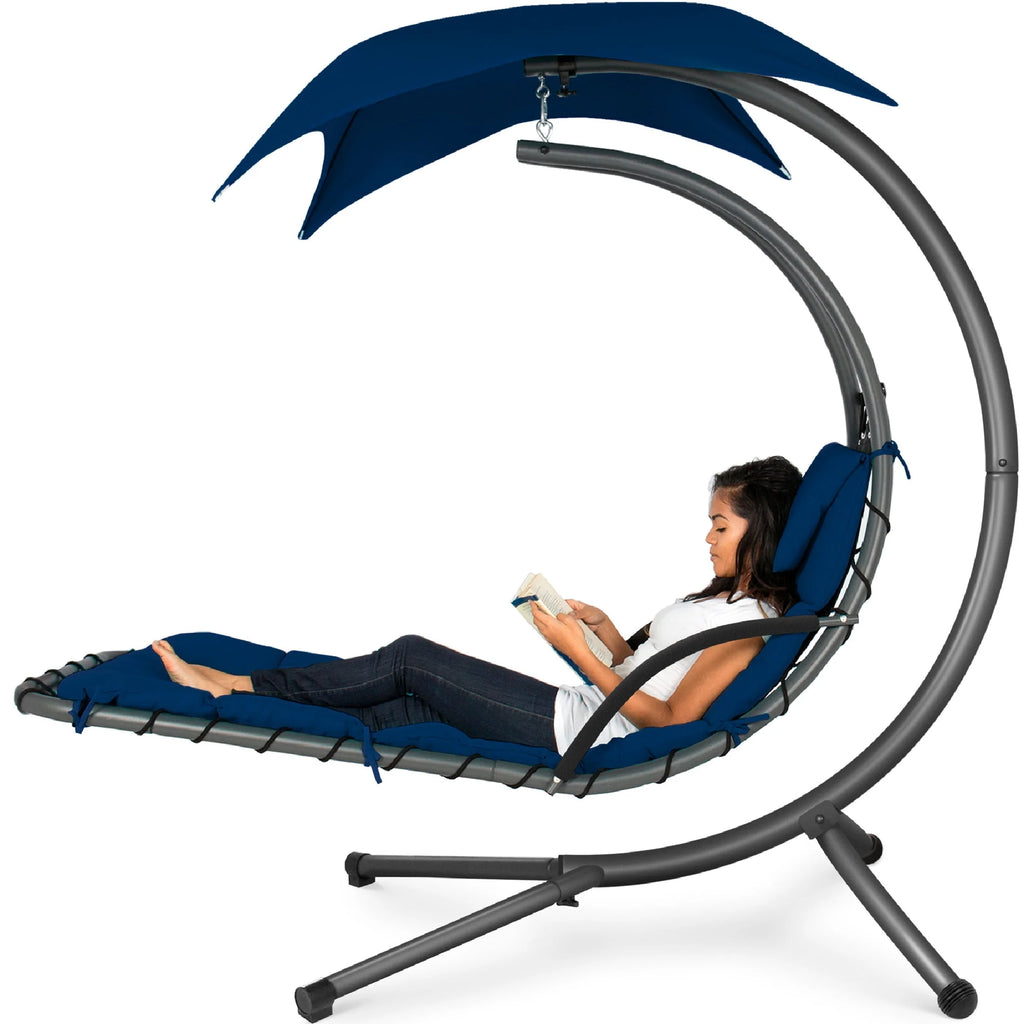 Hanging Curved Chaise Lounge Chair Swing with Pillow, Shade, Stand Z48533