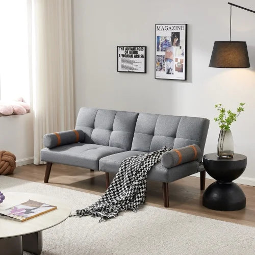 Grey Linen Convertible Sofa Bed Futon with Solid Wood Legs Y8118
