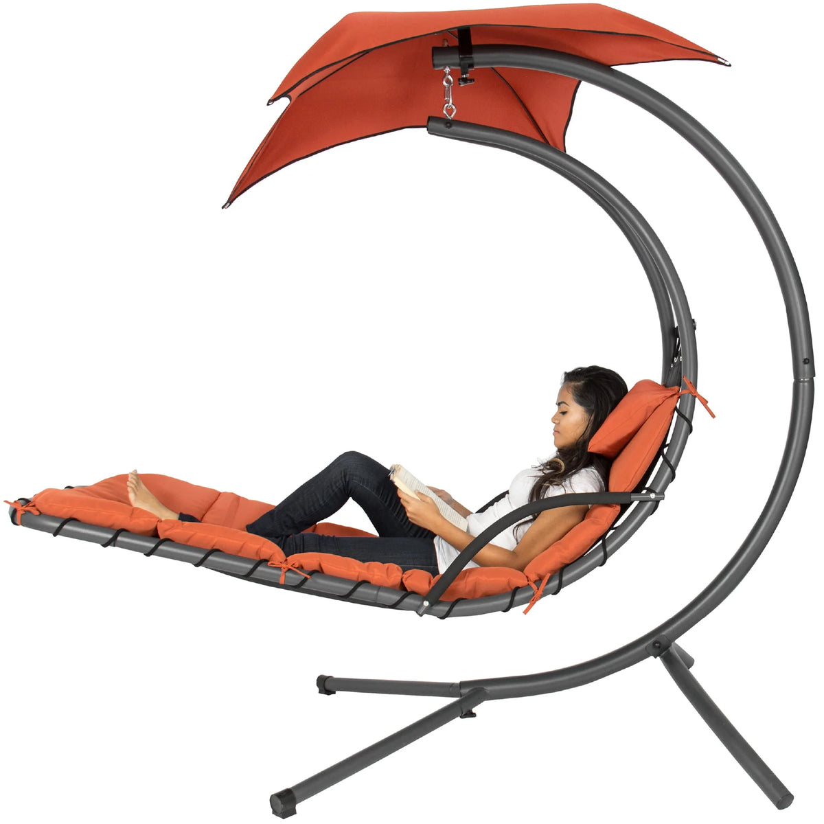 Hanging Curved Chaise Lounge Chair Swing with Pillow, Shade, Stand Z48533