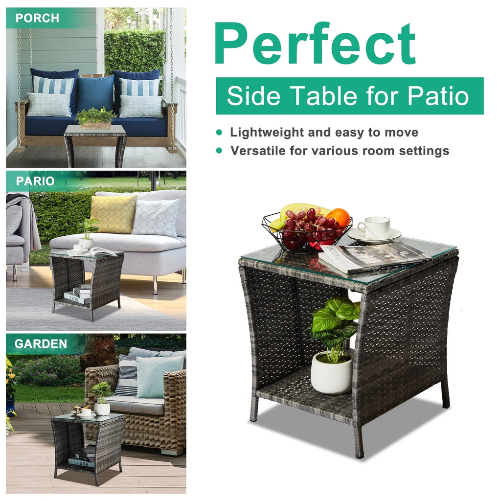 17.9'' PE Rattan Wicker Side Table with Glass Top Storage Shelf I98973