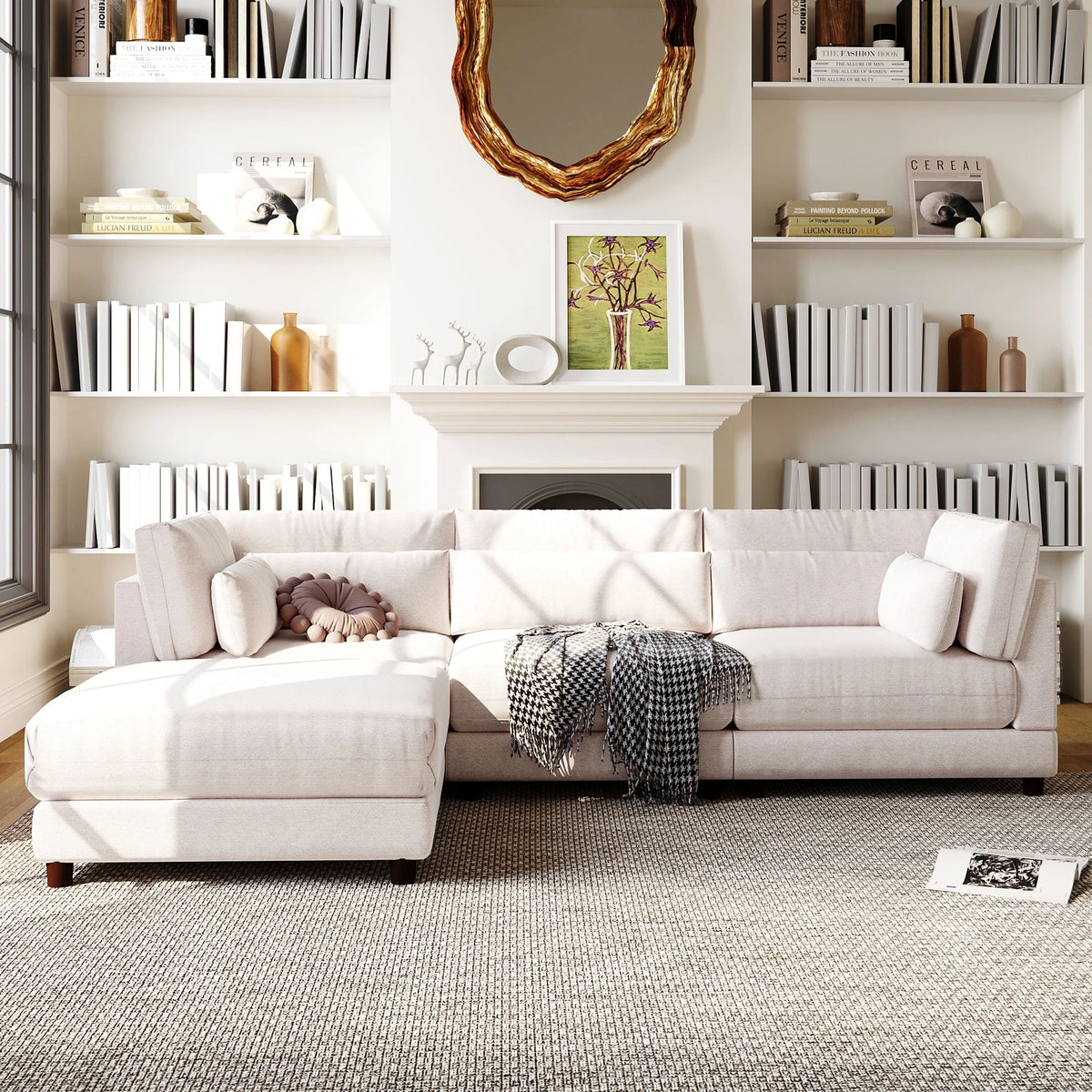 2 Pieces L Shaped Sectional Sofa Set with Ottomans and Waist Pillows F406