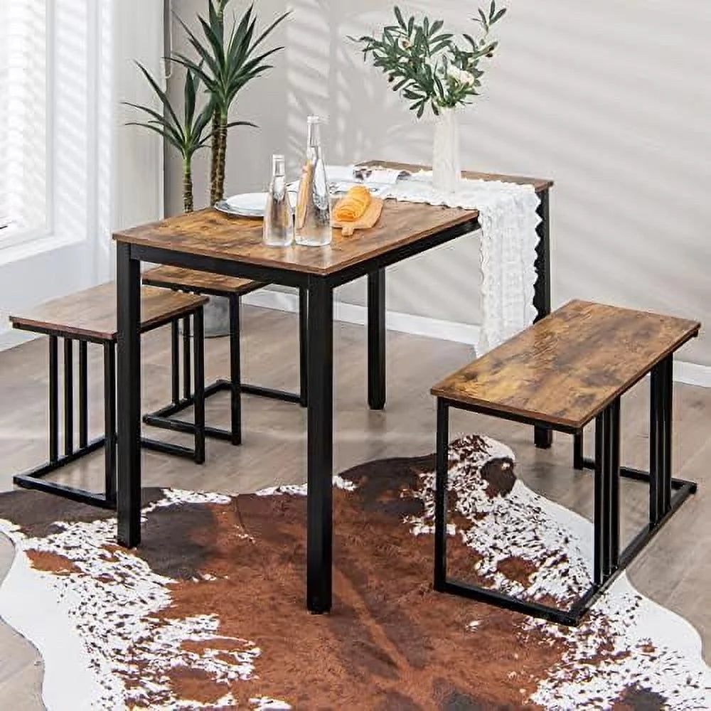 4 Piece Dining Table Set with Bench and 2 Stools W4318