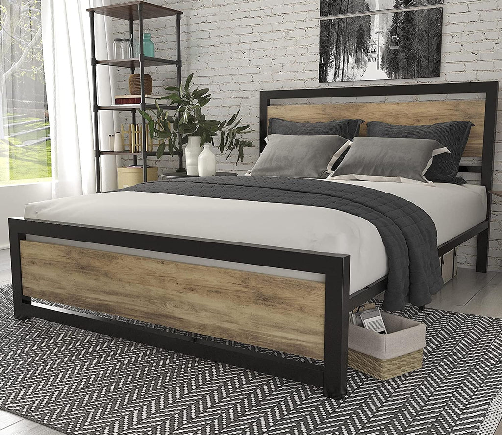 Brown Queen Size Metal Platform Bed Frame with Wooden Headboard L718