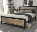 Brown Queen Size Metal Platform Bed Frame with Wooden Headboard L718