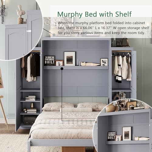 Full Size Murphy Bed with Two Wardrobes and Storage Shelf (White) N70191