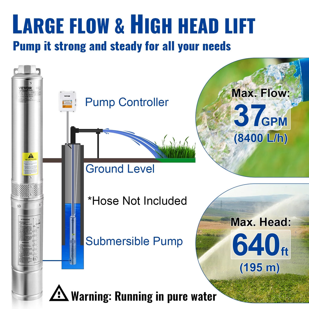 3HP 230V 37GPM 640 ft Head 4 inch Stainless Steel Submersible Pump M6539