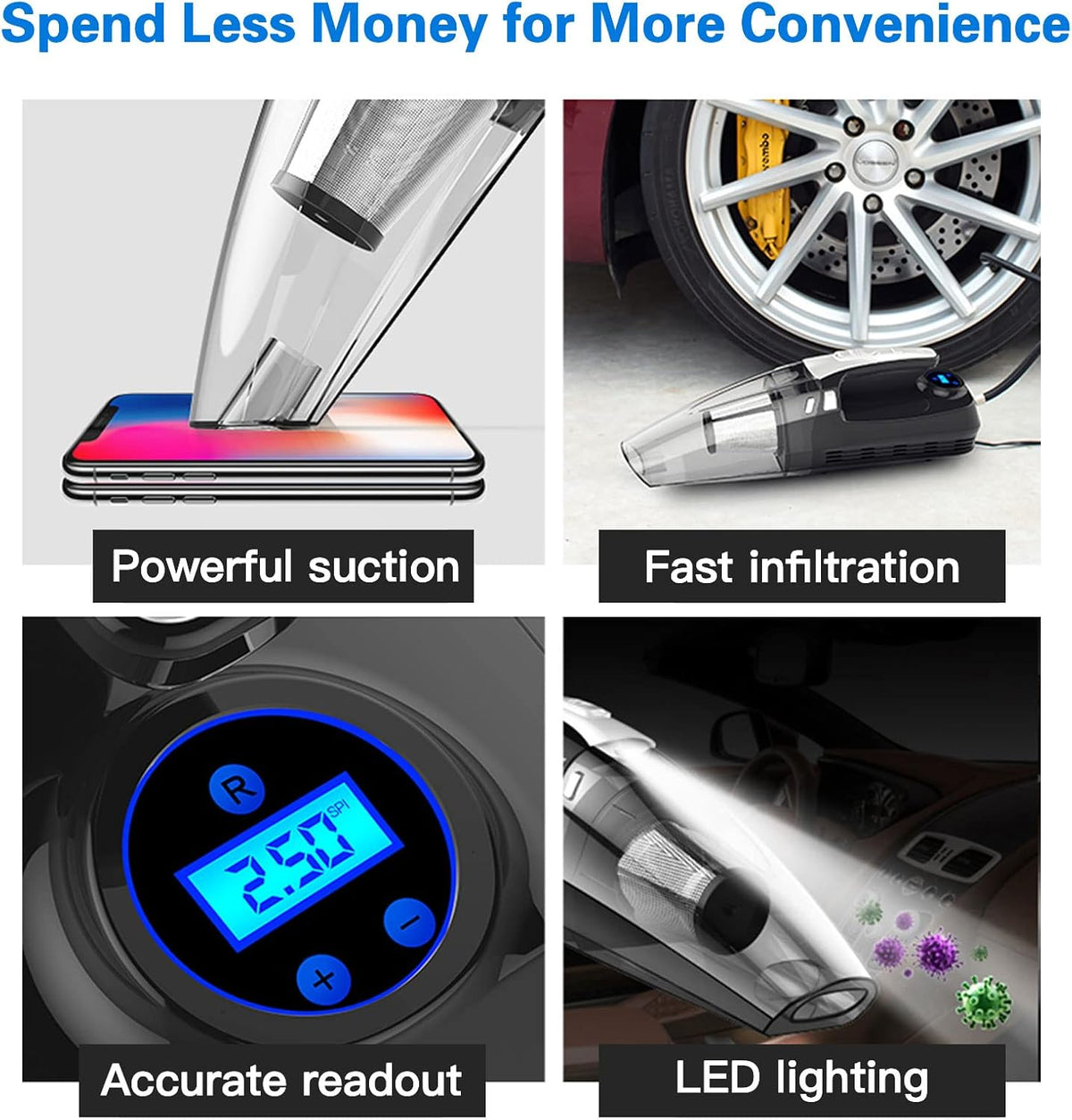 4-in-1 Cordless Handheld Car Vacuum with LED Light J435468