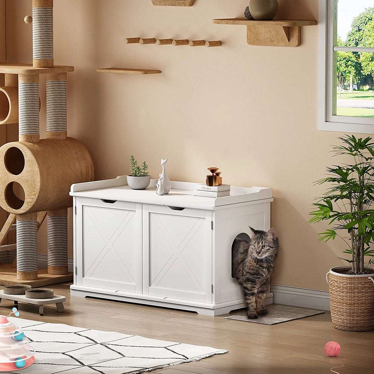 White Cat Litter Box Enclosure Storage Bench Furniture Q4135