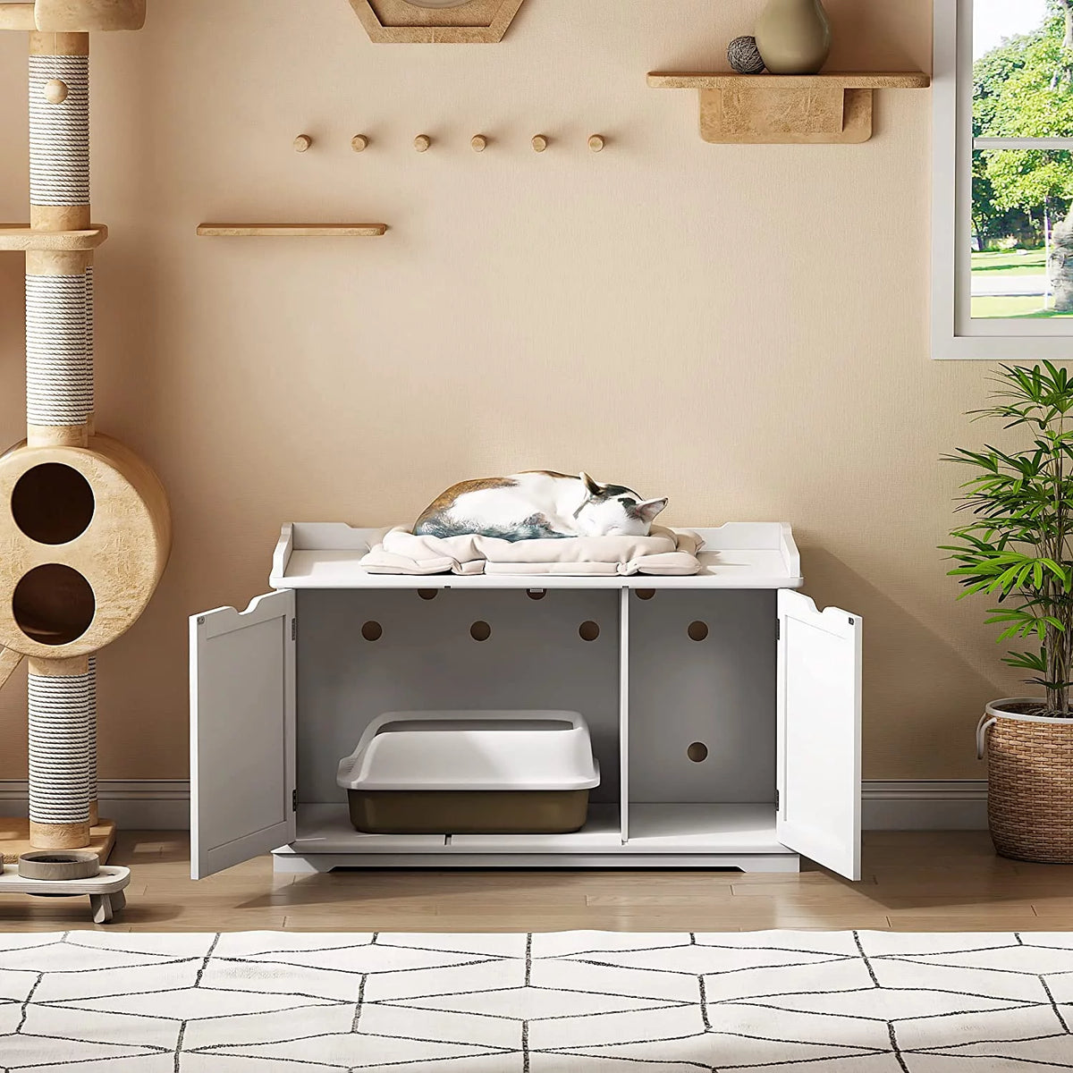 White Cat Litter Box Enclosure Storage Bench Furniture Q4135