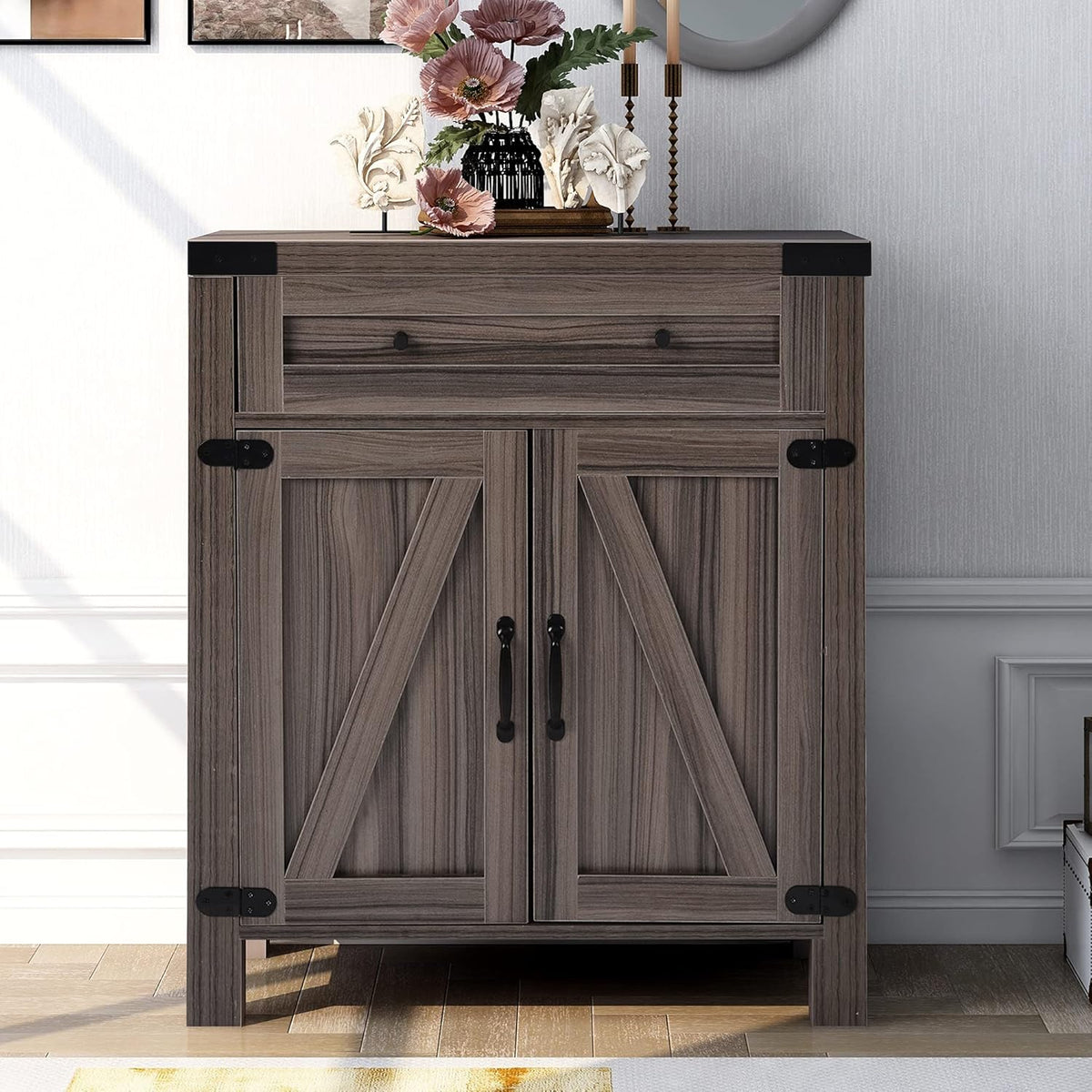 Wood 2 Barn Door Cabinet with Drawer H291868