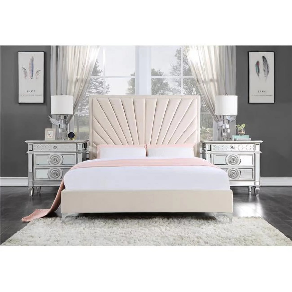Beige Velvet Queen Size Bed I91623