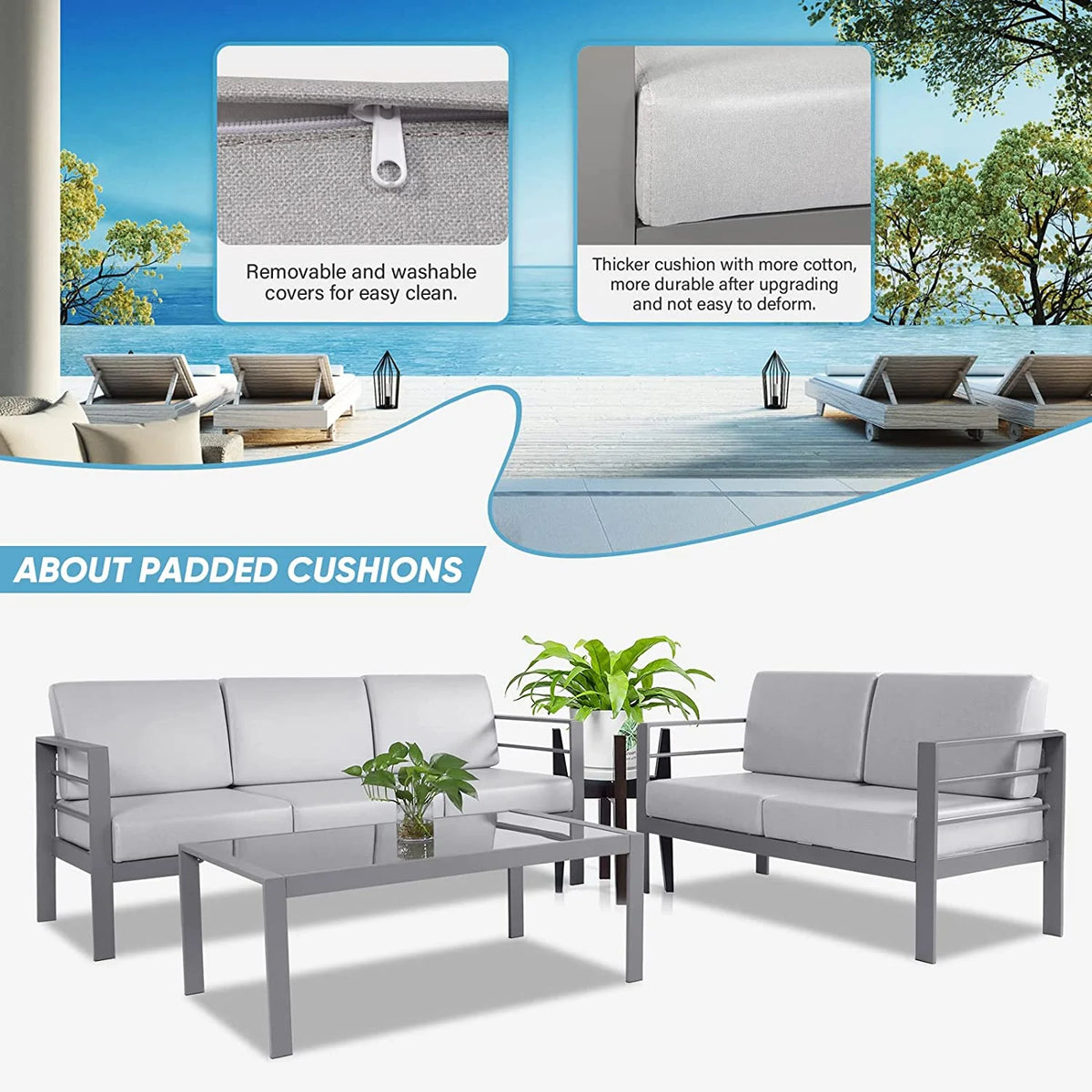 3 Pieces Metal Patio Sectional Sofa with Waterproof Cushion and Coffee Table K572242