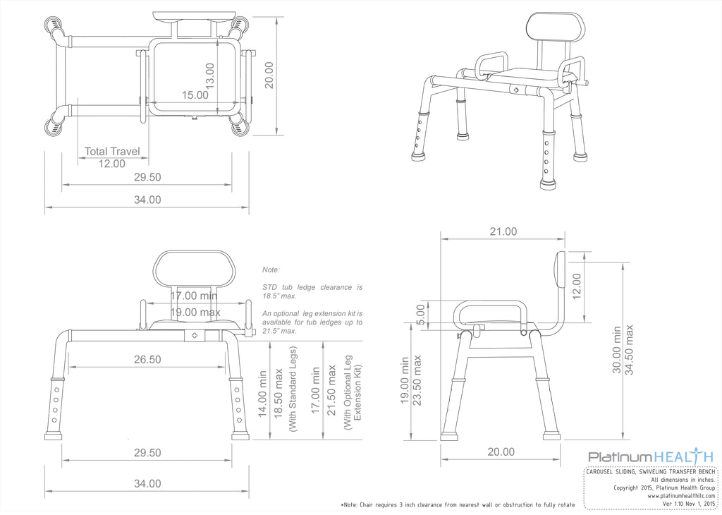 Sliding Transfer Bench with Swivel Seat Padded Bath Shower Chair A5006