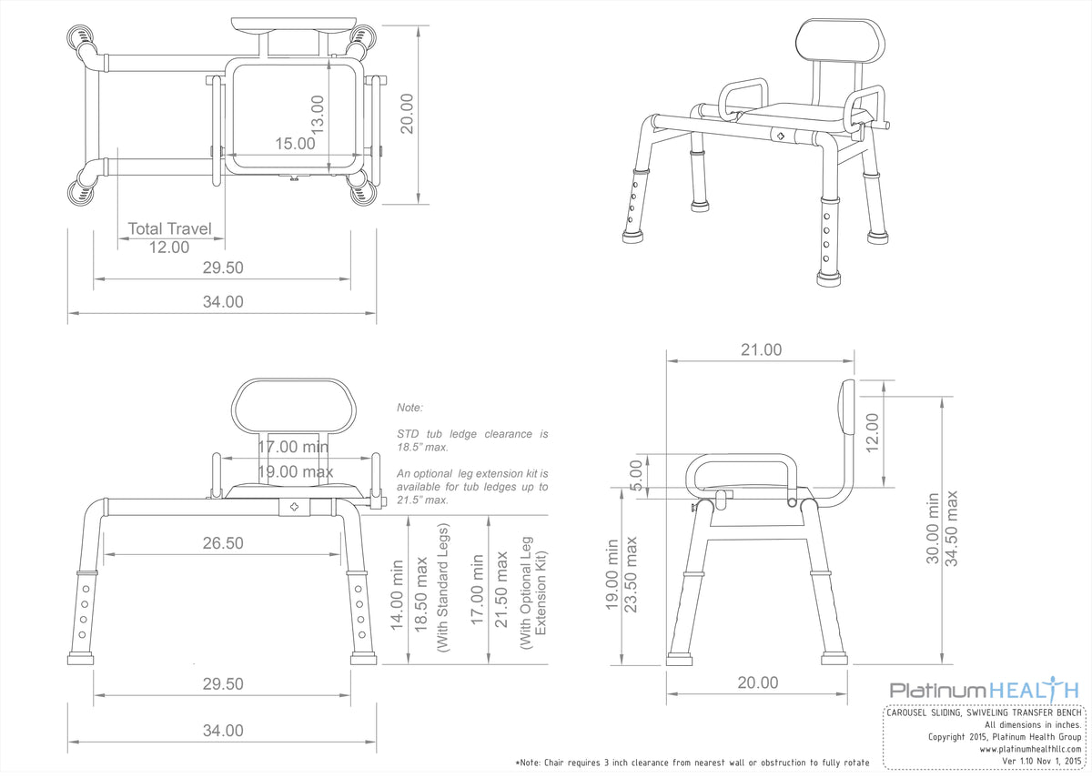 Sliding Transfer Bench with Swivel Seat Padded Bath Shower Chair A5006