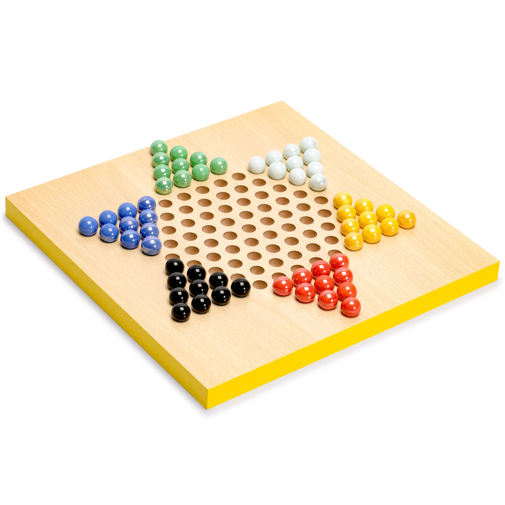 2-in-1 Reversible Ludo and Chinese Checkers Halma Wood and Glass Marble Game Set 12-Inch E3108