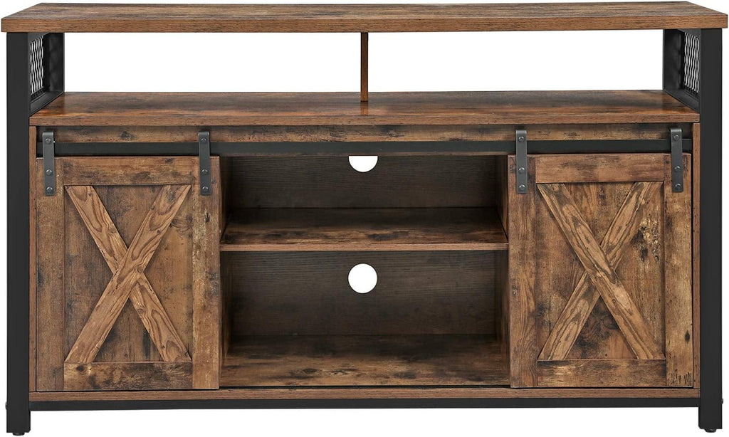 Rustic Brown and Black TV Cabinet with Sliding Barn Doors and Adjustable Storage Shelves E30312