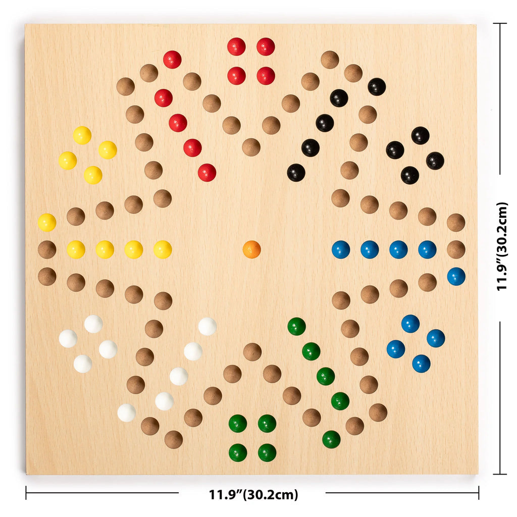 2-in-1 Reversible Ludo and Chinese Checkers Halma Wood and Glass Marble Game Set 12-Inch E3108