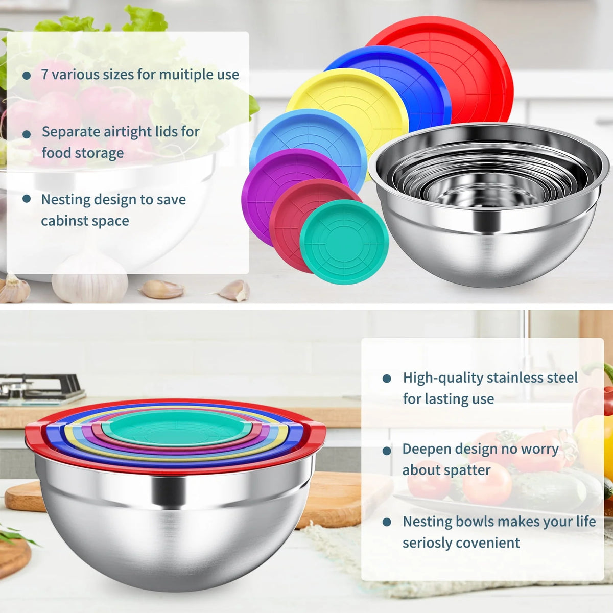 Stainless Steel Mixing Bowls Set with Lids 7 Pc Q710912