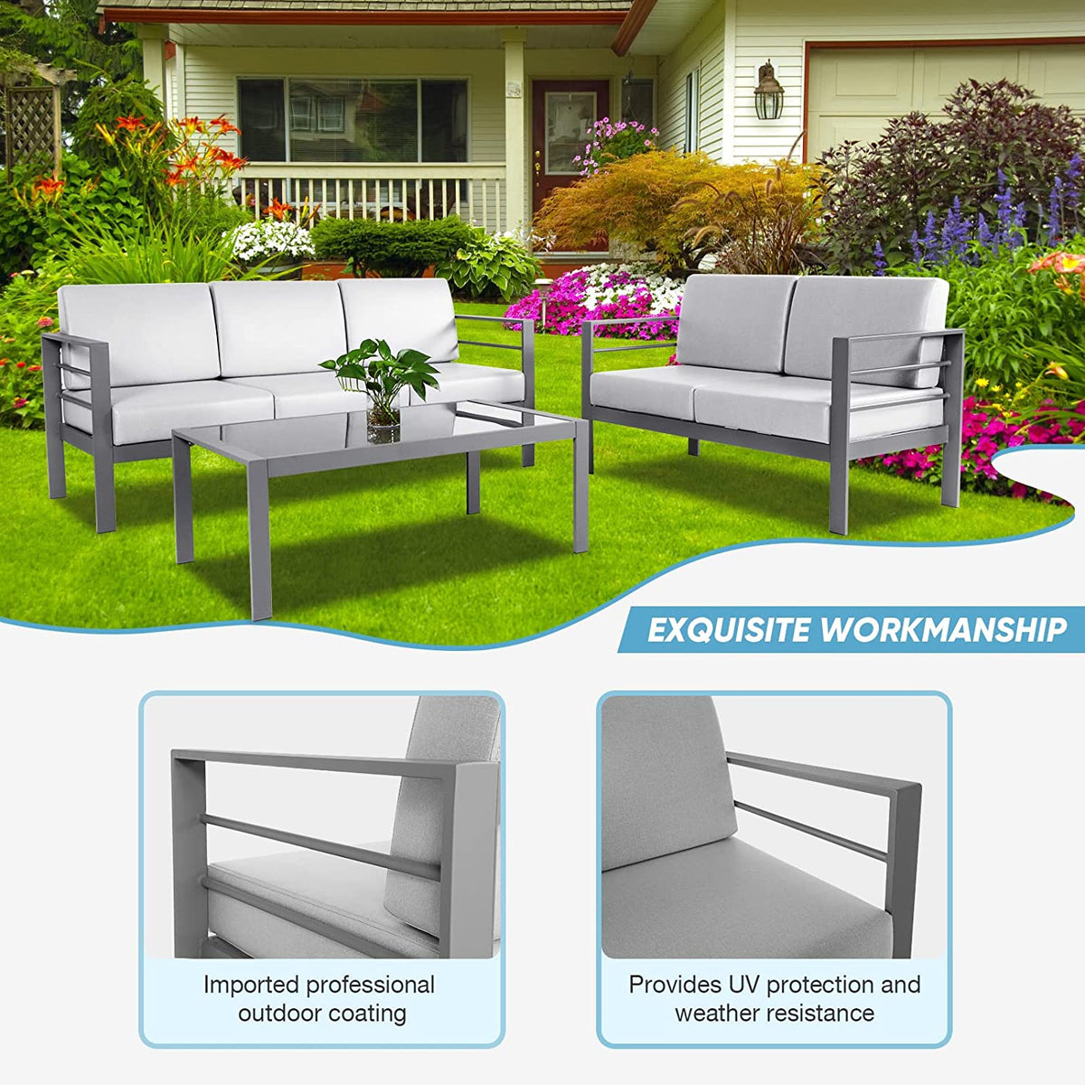 3 Pieces Metal Patio Sectional Sofa with Waterproof Cushion and Coffee Table K572242