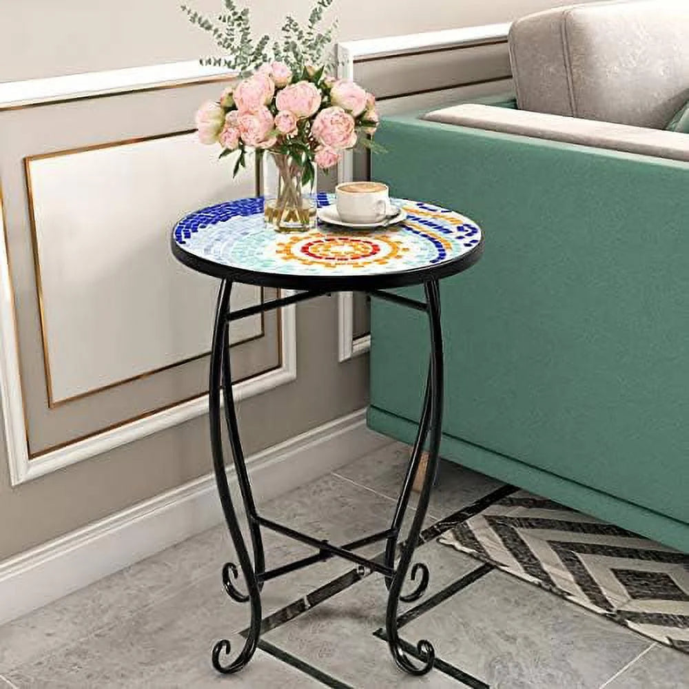 Mosaic Round 14 Inch Glass Top Steel Side Table Z9718