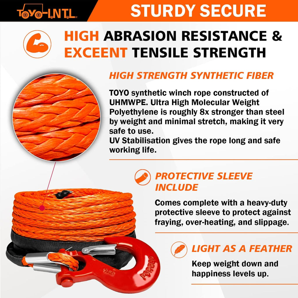 3/8" x 100ft Synthetic Winch Rope with Hook and Sleeve Protection Orange Recovery Cable Rope E527018