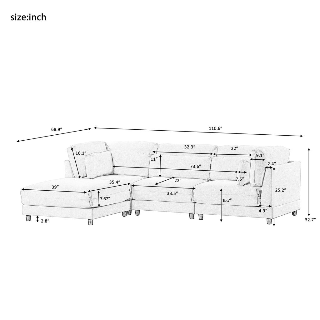 2 Pieces L Shaped Sectional Sofa Set with Ottomans and Waist Pillows F406