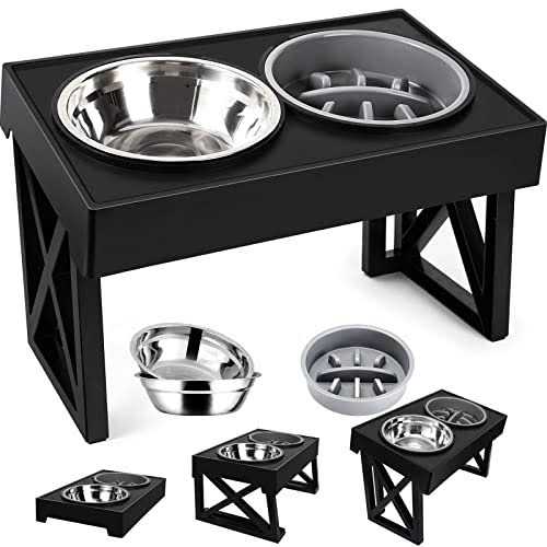 Adjustable Elevated Dog Bowl Stand with Slow Feeder Bowl E4975