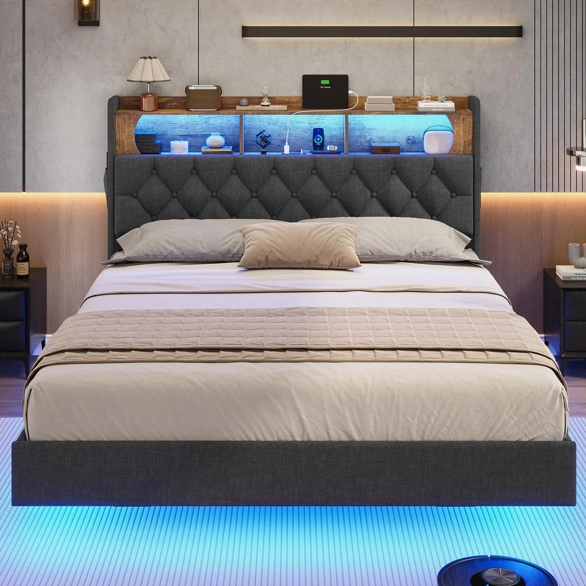 Full Size Platform Bed Frame with Charging Station and LED Lights T2328